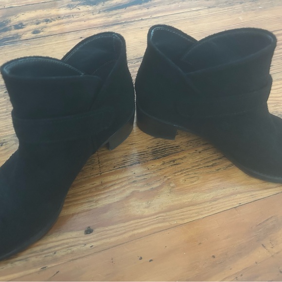 Stuart Weitzman Suede Black Bootie with Black Gunmetal Buckle, Block Heel, 5. - Picture 8 of 14